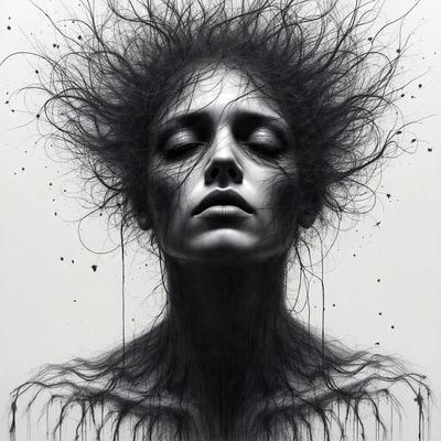 The primary subject of the image is a woman with a black and white hairstyle. She has a black and white face and is surrounded by a black and white background. The visual style of the image is a black and white drawing or illustration. The overall atmosphere of the image is dramatic and artistic, with the woman's hair and facial features being the main focus.